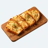 Plate with tasty garlic French bread slices and green napkin. top view. Generative ai photo