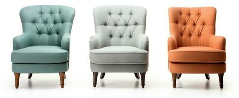 Set of Classic three armchair and three color art deco style in turquoise velvet with wood legs isolated on white background. Generative ai photo