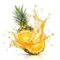 Water Splashing on Split Pineapple Fruit isolated on a yellow background. Generative ai photo