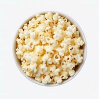 Popcorn in the wooden bowl, isolated on white background, top view. Generative ai photo
