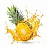 Water Splashing on Split Pineapple Fruit isolated on a yellow background. Generative ai photo