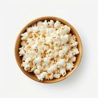 Popcorn in the wooden bowl, isolated on white background, top view. Generative ai photo