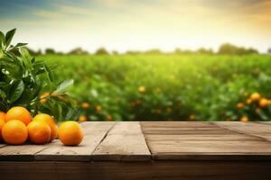 Wooden table top ander orange trees covered with orange fruits. Blurred sunny orchard garden at the background. Generative ai photo