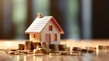 Mini house on top of stack of coins. Concept of financial banking and investment property. Generative ai photo
