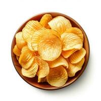 Bowl of crispy wavy potato chips or crisps isolated on a white background, top view. Generative ai. photo