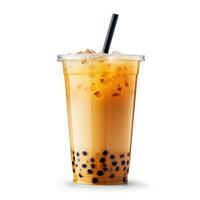 Light brown creamy bubble tea with milk and black tapioca with a green straw in a transparent cup isolated on white. Generative ai photo