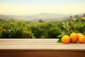 Wooden table top ander orange trees covered with orange fruits. Blurred sunny orchard garden at the background. Generative ai photo