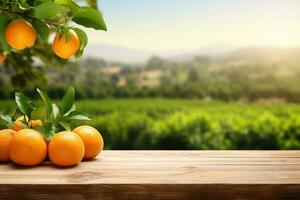 Wooden table top ander orange trees covered with orange fruits. Blurred sunny orchard garden at the background. Generative ai photo