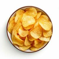 Bowl of crispy wavy potato chips or crisps isolated on a white background, top view. Generative ai. photo