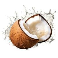 Coconut halves and water splash on white background delicious tropical coconuts and splashing water on white background Generative ai photo