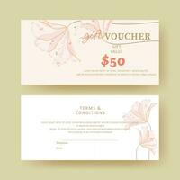 Gift voucher. Coupon template with watercolor pink flower decoration. elegant aesthetic design. good for boutique, jewelry, floral shop, beauty salon, spa, fashion, flyer, banner design. vector