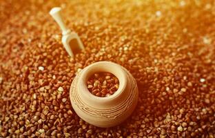 Background image of a large pile of buckwheat, in the middle of which lies a small jug and a wooden spatula for cereals photo