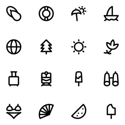 Set of Beach Accessories and Food Icons in Line Style