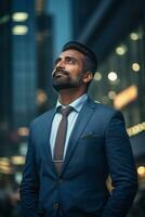 AI generated Confident rich eastern Indian businessman executive standing in a modern big city looking and dreaming of future business success, thinking of new goals, business vision, and leadership photo