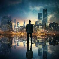 AI generated Businessman stands tall against the backdrop of a vibrant sunrise, his silhouette seamlessly blending with the towering skyscrapers of a bustling metropolis. photo