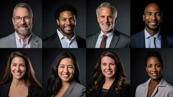 AI generated Collage of portraits of an ethnically diverse and mixed age group of focused business professionals. photo