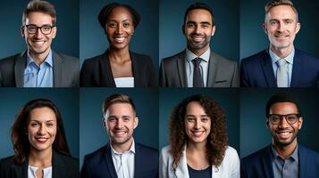 AI generated Collage of portraits of an ethnically diverse and mixed age group of focused business professionals. photo