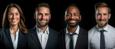 AI generated Collage of portraits of an ethnically diverse and mixed age group of focused business professionals. photo