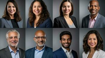AI generated Collage of portraits of an ethnically diverse and mixed age group of focused business professionals. photo