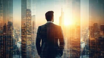 AI generated Businessman stands tall against the backdrop of a vibrant sunrise, his silhouette seamlessly blending with the towering skyscrapers of a bustling metropolis. photo