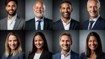 AI generated Collage of portraits of an ethnically diverse and mixed age group of focused business professionals. photo