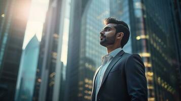 AI generated Confident rich eastern Indian businessman executive standing in a modern big city looking and dreaming of future business success, thinking of new goals, business vision, and leadership photo