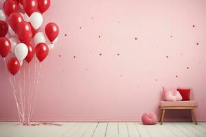 AI generated A bouquet of red and white heart-shaped balloons tied together against a pink wall. Perfect for celebrating Girlfriends Day, a day to celebrate the special women in your life. photo