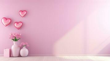 ai generado un ramo de flores de rojo y blanco en forma de corazon globos atado juntos en contra un rosado pared. Perfecto para celebrando novias día, un día a celebrar el especial mujer en tu vida. foto