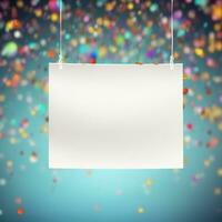 AI generated White sign hangs from a rope, surrounded by a flurry of confetti. The sign is blank, ready for your message. The confetti adds a festive touch, perfect for any celebration. photo