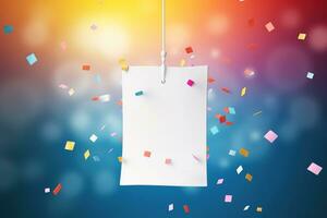 AI generated White sign hangs from a rope, surrounded by a flurry of confetti. The sign is blank, ready for your message. The confetti adds a festive touch, perfect for any celebration. photo