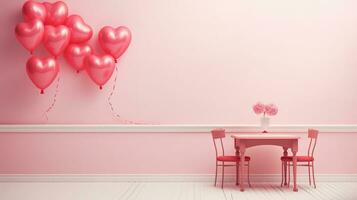 AI generated A bouquet of red and white heart-shaped balloons tied together against a pink wall. Perfect for celebrating Girlfriends Day, a day to celebrate the special women in your life. photo