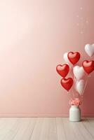 AI generated A bouquet of red and white heart-shaped balloons tied together against a pink wall. Perfect for celebrating Girlfriends Day, a day to celebrate the special women in your life. photo