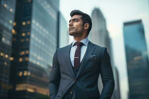 AI generated Confident rich eastern Indian businessman executive standing in a modern big city looking and dreaming of future business success, thinking of new goals, business vision, and leadership photo