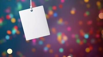 AI generated White sign hangs from a rope, surrounded by a flurry of confetti. The sign is blank, ready for your message. The confetti adds a festive touch, perfect for any celebration. photo