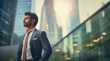 AI generated Confident rich eastern Indian businessman executive standing in a modern big city looking and dreaming of future business success, thinking of new goals, business vision, and leadership photo