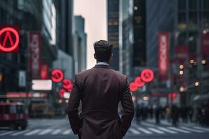 AI generated Businessman stands amidst a bustling urban landscape, surrounded by signs and landmarks that represent the diverse range of businesses and industries that make up the modern economy. photo