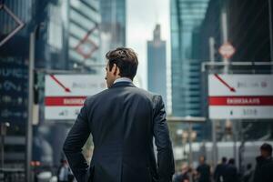 AI generated Businessman stands amidst a bustling urban landscape, surrounded by signs and landmarks that represent the diverse range of businesses and industries that make up the modern economy. photo