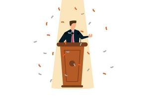 Public speaking skill, Confident businessman speaking on stage with podium, microphones, and lights. vector