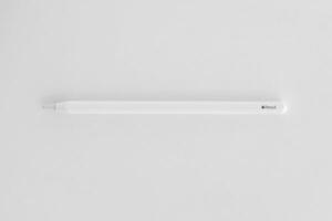KYIV, UKRAINE - 4 MAY, 2023 New Apple pencil generation 2. Features a flat edge that attaches magnetically for automatic charging and pairing photo