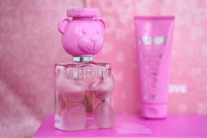 KYIV, UKRAINE - 4 MAY, 2023 Bottle of Toy bubble gum perfume by Moschino, is an Italian luxury fashion house founded in 1983 by Franco Moschino photo