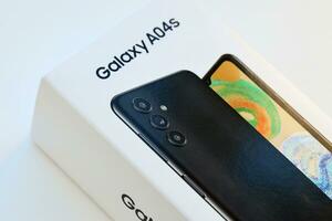 KYIV, UKRAINE - 4 MAY, 2023 Samsung Galaxy A04 Android smartphone has 6.5-inch PLS LCD panel with Infinity-V design photo