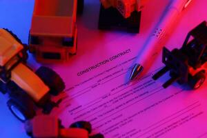 Construction contract with pen lies on table with many yellow construction and service toy vehicles photo