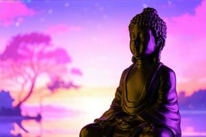 Buddha Purnima and Vesak day concept, Buddha statue with low key light against beautiful and colorful background. Meditation photo