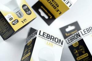 KHARKOV, UKRAINE - MARCH 30, 2021 Many Lebron LED light bulbs. Lebron is chinese light equipment manufacturer photo