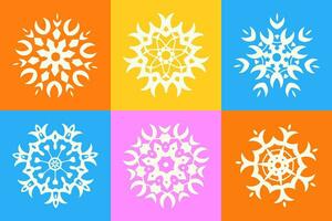 Geometric pattern of snowflakes. Interesting geometric elements. Christmas tree toys on white background. Christmas winter holiday background. Flat vector illustration.