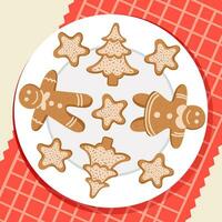 plato con jengibre galletas en el formar de hombres, Navidad árboles, estrellas. Navidad jengibre galletas. invierno hecho en casa pasteles vector plano ilustración.