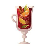 Vector illustration of mulled wine in glass with citrus and spices isolated on white background. Christmas hot drink. Winter mug of hot drink. Cartoon Vector illustration.