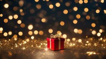 AI generated christmas background with sparking light particles, gifts photo