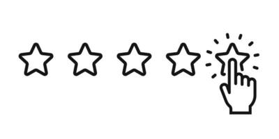 Hand five stars rating line symbol. Feedback five stars. Human hands put rating 5 star. Classification and user feedback concept. Five stars quality rating icon vector