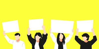 set of protesters lifting, holding blank board. isolated on yellow background. copy space vector flat illustration.